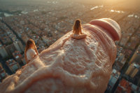nude city black_hair long_hair giant male penis buildings brunette sitting outdoors behind_view multiple_girls tiny_city cock_rider mega_cock giantess ai_art