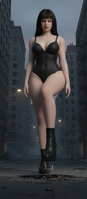 giantess breasts crush city black_hair long_hair cleavage buildings boots black_eyes trample shrunken_man skyscraper standing leotard bare_shoulders bangs black_legwear solo ai_art medium_breasts 1girl blunt_bangs collarbone full_body black_footwear covered_navel black_leotard arm_at_side