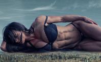 giantess giga cindy_landolt breasts panties city black_hair large_breasts long_hair cleavage bra underwear lying_down muscles looking_down piercing black_bra navel_ring redcoffee1 tiny_city 1girl on_side
