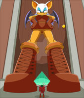 breasts drawing giantess furry wings mega color blue_eyes cleavage angry castle gloves boots sonic_the_hedgehog indoors jack_and_the_beanstalk rouge_the_bat hands_on_hips knuckles_the_echidna thief looking_at_tiny pointed_ears bare_legs emerald nightcore100 heavy_eyeshadow master_emerald