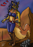breasts drawing giantess furry tail mega vixen color large_breasts long_hair butt blue_hair fox gloves police ponytail boots raccoon collar mountains mask pants hat truck jacket top belt zipper thief cane sly_cooper orange_skin grey_skin carmelita_fox bare_midriff sly_cooper_(series) mask_of_dark_earth kasipx
