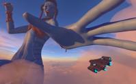 explosion breasts giantess mega alien black_hair bra yellow_eyes spaceship blue_skin navi fangs reaching fighting hand_crush clouds avatar tattoo braid bracelet looking_at_tiny digital_render loincloth bare_legs bare_midriff allthesizepuns