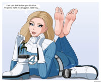 breasts drawing alien blonde black_hair color large_breasts butt blue_eyes handheld toes barefoot gloves lying_down boots shrunken_woman dangle thighs fantastic_four belt dialogue legs_crossed no_background pinched looking_at_tiny invisible_woman marvel_comics guardians_of_the_galaxy susan_storm marvel_rivals zeezeedraws mantis