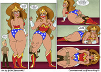breasts drawing giantess blushing comic color long_hair butt cleavage breast_crush brunette brown_eyes lying_down boots between_legs pants thighs costume thigh_crush milf wonder_woman leotard bracelet dialogue tiara on_butt thick_thighs looking_at_tiny dc_comics bare_legs steve_trevor hippolyta dncsamsonart