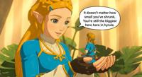blonde long_hair green_eyes smiling gloves short_hair english indoors braid pointed_ears hairclip speech_bubble potted_plant princess_zelda_(the_legend_of_zelda) thick_eyebrows parted_bangs giantess handheld shrunken_man breath_of_the_wild link_(the_legend_of_zelda) ai_art