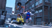 giantess city afro darkskin brunette smiling police short_hair mini_giantess boots muscles shrunken_man open_mouth bodysuit standing digital_render road_sign