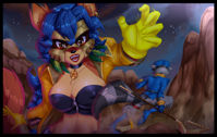 breasts drawing giantess furry tail mega vixen color large_breasts long_hair blue_hair shoes fox brown_eyes moon gloves police ponytail raccoon fangs reaching collar mountains mask night hat jacket earrings top belt zipper thief looking_at_tiny cane sly_cooper orange_skin grey_skin carmelita_fox bare_midriff sly_cooper_(series) mask_of_dark_earth richardart13