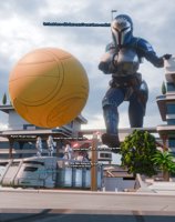 breasts giantess city mega large_breasts armor buildings gloves boots star_wars pants vehicles chase belt dialogue helmet stormtrooper digital_render mandalorian bo_katan dderp214