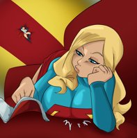breasts drawing giantess blonde color long_hair blue_eyes breast_crush gloves lying_down boots supergirl unaware shrunken_woman magazine thighs costume cape belt leotard dialogue reading power_girl no_background dc_comics bare_legs slugmanoctavio3