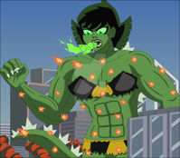 breasts drawing growth giantess tail city mega color destruction claws rampage cleavage skirt buildings green_eyes brunette godzilla short_hair muscles fire explosion abs top ripped_clothing kaiju green_skin janet_van_dyne marvel_comics nightcore100 the_wasp bare_midriff fusion avengers_earths_mightiest_heroes