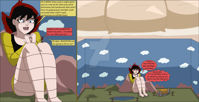 breasts drawing blushing comic color blue_eyes sword toes barefoot cleavage bed brunette multiple_sizes couple dress bondage shorts shrunken_woman shrunken_man avengers bedroom ant-man pillows dialogue ropes looking_at_tiny on_knee janet_van_dyne marvel_comics nightcore100 the_wasp roleplay avengers_earths_mightiest_heroes hank_pym toy_set