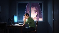 giantess city long_hair purple_hair purple_eyes smiling sitting window shrunken_man looking_at_viewer green_shirt ai_art 1girl ineedagiantess tatsuta_(kantai_collection)