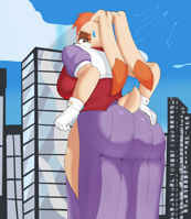 breasts drawing giantess furry anthro city mega large_breasts butt bunny buildings sweat brown_eyes gloves dress sonic_the_hedgehog looking_down milf thick_thighs vanilla_the_rabbit hand_on_butt mylifeamovie