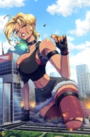 breasts drawing giantess city mega blonde color large_breasts destruction blue_eyes rampage cleavage buildings helicopter breast_crush tank gloves park street green_hair ponytail kneeling shorts explosion fighting finger_crush thighs choker top ripped_clothing dog_tags bare_legs zerohour99 bare_midriff military