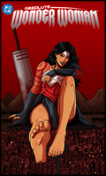 breasts drawing giantess giga city black_hair color long_hair armor sword toes barefoot skirt buildings brown_eyes gloves sitting foot_crush tattoo costume wonder_woman looking_at_viewer bracelet tiara dc_comics bare_legs bigchipher66 absolute_wonder_woman red_skies mountains mega