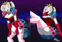 breasts drawing giantess blushing earth giga blonde space comic color large_breasts blue_eyes planet cleavage skirt stockings goddess gloves harley_quinn sitting twintails crown batman thighs corset choker necklace leotard stars white_skin dc_comics cosmic_giantess bare_legs sitting_on_planet nightcore100 empress harley_quinn_(series)