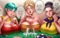 dragon_ball bulma mrs_briefs poker breasts blonde black_hair blue_eyes cleavage anime blue_hair huge_breasts brown_eyes short_hair glass table shrunken_man indoors milf earrings dialogue hairband chi_chi scarf looking_at_tiny hair_bun playing_cards bulma_briefs hellraaisin
