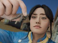 black_hair handheld brown_eyes shrunken_man lucy jumpsuit pinched looking_at_tiny digital_render helmets fallout dwighteisenhower