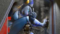 breasts growth giantess furry alien robot destruction blue_eyes barefoot gloves boots sitting foot_crush fangs indoors lombax goggles belt white_skin debris looking_at_tiny digital_render outgrowing_room ratchet ratchet_and_clank yellow_skin prosthetic_arm clank rivet ni-duxys