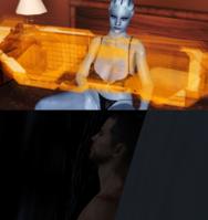 breasts panties alien large_breasts blue_eyes cleavage bra bed sitting blue_skin shrunken_man indoors freckles computer lamp shepard panty_entrapment digital_render mass_effect liara bare_legs asari bare_midriff eegnol