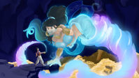 breasts drawing giantess black_hair color large_breasts long_hair butt barefoot cleavage brown_eyes ponytail cave pants magic genie thighs hat jasmine aladdin disney necklace top bracelet lamp cliff hairband veil looking_at_tiny treasure vest armlet bare_midriff gold rox-arts