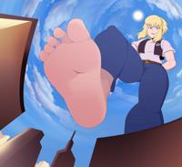 breasts drawing giantess city mega blonde color blue_eyes toes barefoot buildings smiling short_hair sun foot_crush supergirl pants clouds thighs metropolis looking_at_viewer belt imminent_crush dc_comics vest rtuenuik2 my_adventures_with_superman