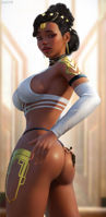 breasts drawing black_hair butt climbing shrunken_man dark_skin jewelry earrings looking_at_viewer hair_bun armlet adgts medium_breasts hair_pulled_back giantess lol league_of_legends arcane mel_medarda jayce_talis