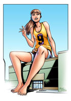 breasts drawing giantess mega color long_hair toes barefoot buildings brunette sitting shorts sitting_on_building bare_legs sportswear mariano_navarro