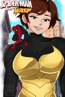 breasts drawing giantess city mega color buildings brunette brown_eyes smiling short_hair mask costume earrings looking_at_viewer cover_page on_shoulder janet_van_dyne spider-man marvel_comics the_wasp peter_parker inchhighjedi
