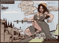 breasts drawing mega monochrome black_hair large_breasts destruction handheld cleavage buildings shoes sweat massage socks dress vehicles thighs crouching truck milf road trees dialogue hairband hitchhiking bare_legs gas_station looking_at_tinies godjirezarts giantess