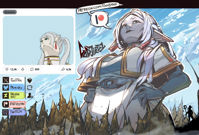 breasts drawing white_hair mega color large_breasts fantasy green_eyes gloves forest clouds photograph staff earrings trees belt hand_on_hips looking_at_tiny pointed_ears godjirezarts giantess elf frieren