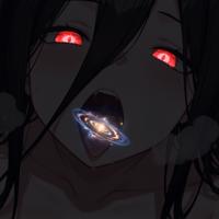 giantess space black_hair tongue red_eyes galaxy open_mouth glowing_eyes cosmic_giantess ai_art yuegts blue_archive hasumi_hanekawa drooling_mouth giga saliva