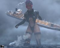 breasts giantess mega black_hair handheld cleavage water ocean gloves asian short_hair boots storm waves boats clouds thighs jacket ships lightning leotard visor tanker_ships digital_render bare_legs sliced_ice sky_surfers_strike_force measuredman