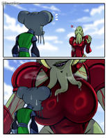 breasts drawing giantess alien comic color large_breasts armor green_eyes sweat looming fangs tentacles thighs ben_10 green_skin looking_at_tiny bare_legs grey_skin yellow_skin cartoon_network jrpuls3 myaxx azmuth micro
