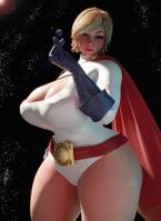 breasts giantess earth giga blonde space blue_eyes cleavage huge_breasts moon gloves short_hair thighs costume cape looking_at_viewer belt leotard stars hands_on_hips power_girl thick_thighs digital_render dc_comics cosmic_giantess bare_legs huckleberry8181