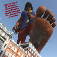 breasts giantess tail city mega black_hair large_breasts handheld toes barefoot buildings godzilla foot_crush mask dark_skin costume point_of_view dialogue imminent_crush debris kaiju ms_marvel marvel_comics kamala_khan harbingerinfinit
