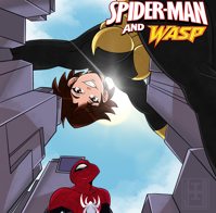 breasts drawing giantess giga city mega color buildings brunette brown_eyes smiling short_hair sun looming mask thighs costume earrings bending_down cover_page looking_at_tiny janet_van_dyne spider-man marvel_comics the_wasp peter_parker inchhighjedi