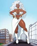 breasts drawing giantess white_hair city mega color large_breasts long_hair destruction cleavage skirt high_heels buildings boots collar storm dark_skin thighs costume top belt bracelet hands_on_hips x-men cracked_pavement cracked_ground white_eyes marvel_comics bare_midriff omegastorm