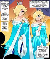 giantess blushing blonde comic long_hair blue_eyes smiling dress crown english jewelry earrings looking_at_viewer bare_shoulders eyelashes long_sleeves wide_sleeves princess_rosalina speech_bubble hair_over_one_eye star_(symbol) star_earrings off_shoulder aqua_dress off-shoulder_dress nico_neko