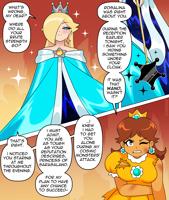 blushing blonde comic long_hair blue_eyes brunette smiling dress crown english jewelry earrings princess_daisy princess_rosalina speech_bubble sparkle hair_over_one_eye giantess nico_neko