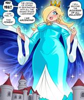 breasts blushing blonde long_hair blue_eyes castle smiling dress crown open_mouth english jewelry nail_polish point_of_view earrings looking_at_viewer wide_sleeves princess_rosalina speech_bubble gem sparkle hair_over_one_eye aqua_dress sparkle_background tiny_castle giantess nico_neko