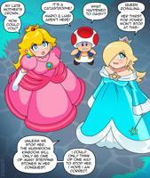 nico_neko giantess blonde comic long_hair blue_eyes princess_peach brunette gloves dress toad crown english pink_dress jewelry earrings bracelet elbow_gloves white_gloves princess_rosalina speech_bubble multiple_girls hair_over_one_eye aqua_dress puffy_short_sleeves