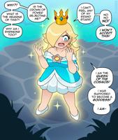 giantess blushing blonde comic long_hair blue_eyes dress crown open_mouth english jewelry earrings bare_shoulders princess_rosalina speech_bubble solo sparkle 1girl hair_over_one_eye aqua_dress niko_neko