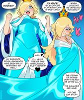 breasts blushing blonde comic long_hair blue_eyes dress crown heart english jewelry earrings wide_sleeves princess_rosalina speech_bubble multiple_girls 2girls hair_over_one_eye star_(symbol) star_earrings aqua_dress clenched_hand nico_neko giantess