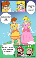 blonde comic blue_eyes teeth mario princess_peach brunette smiling gloves dress crown transformation shrunken_man lipstick luigi english hat pink_dress jewelry earrings bracelet elbow_gloves princess_daisy sharp_teeth makeup white_gloves orange_dress speech_bubble multiple_girls puffy_short_sleeves flower_earrings nico_neko giantess