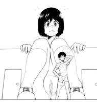drawing pussy blushing monochrome black_hair cum shoes socks sitting kaminitro welecome_to_the_nhk satou_tatsuhiro misaki_nakahara giantess