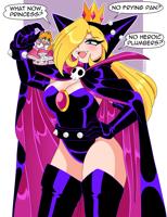 breasts drawing mega blonde color long_hair blue_eyes cleavage princess_peach huge_breasts gloves dress boots crown dangle super_mario thighs cape earrings belt leotard dialogue hands_on_hips pushing_down no_background looking_at_tiny bare_legs wapeach giantess