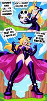 breasts drawing growth blushing mega blonde comic color large_breasts long_hair blue_eyes cleavage high_heels gloves boots mushroom crown super_mario thighs hat cape looking_at_viewer belt leotard dialogue cliff spikes bare_legs wapeach giantess