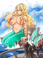 giantess breasts blonde large_breasts long_hair blue_eyes water ocean huge_breasts mermaid navel day jewelry tinies bracelet shell areolae 1girl