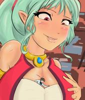 breasts blushing long_hair cleavage smiling elf ponytail shrunken_man jewelry necklace looking_at_viewer smothering bare_shoulders pointed_ears between_breasts giantess